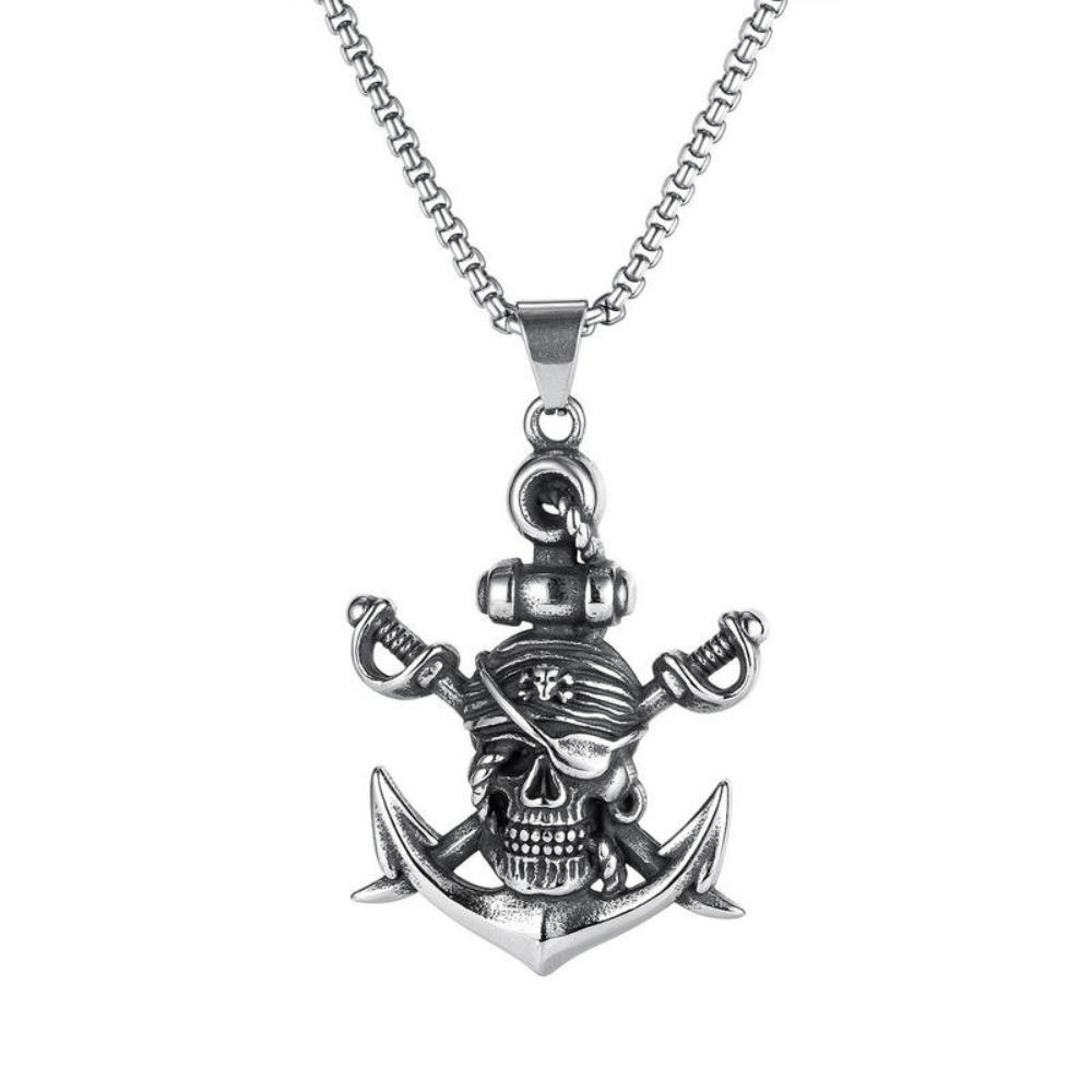 Double Sword Pirate Titanium Steel Pendant Vintage Halloween Skull Ghost Head Anchor Stainless Steel Necklace