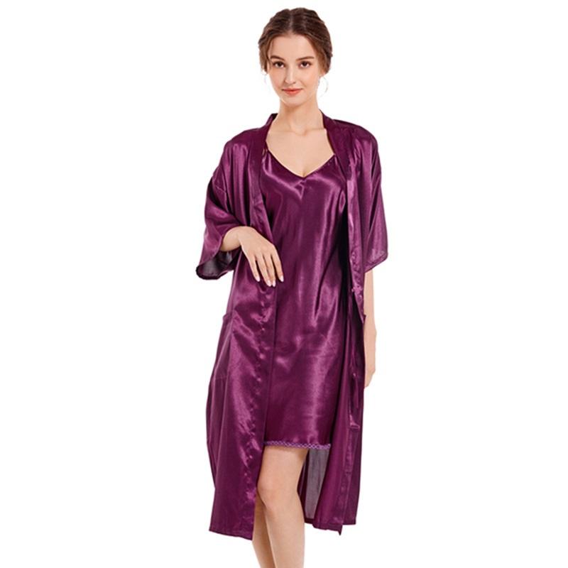 Women's Silk Satin Pajamas 2Pcs Sexy Silky Pj Robe Set with Chemise Nightgown