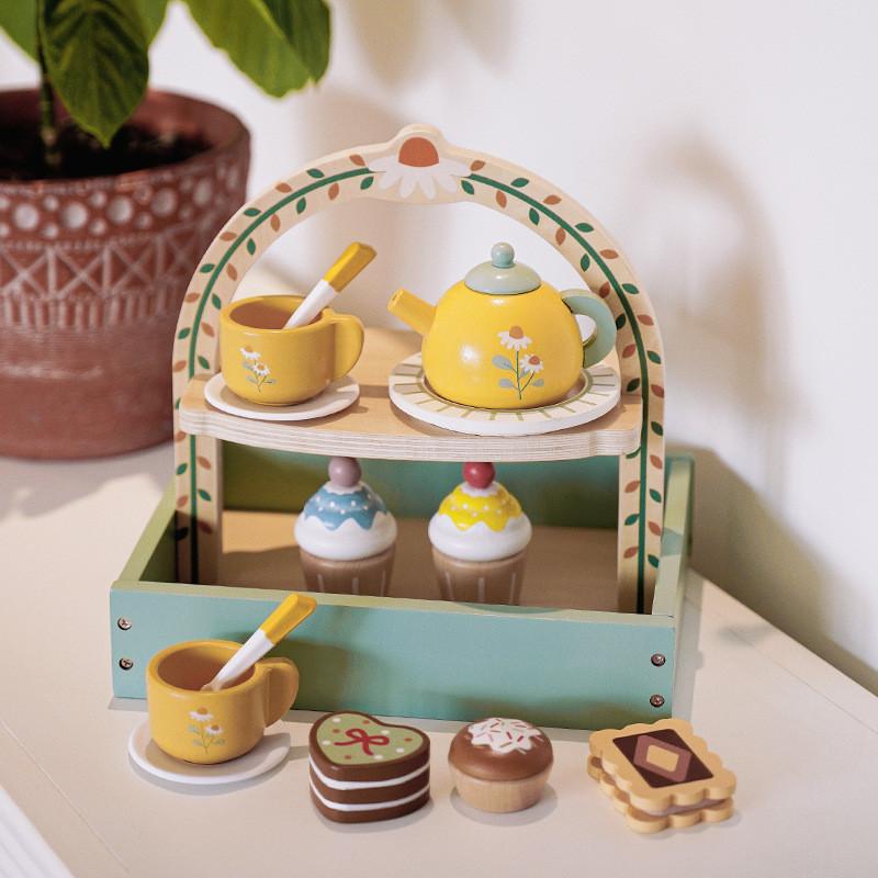 Layer Wooden Double Dessert Stand With Tea Set Cakes For Kids Growth Cognitive