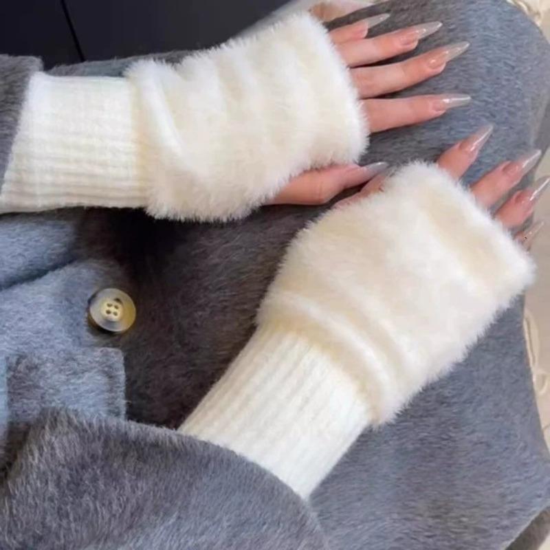 

Women s Winter Half Finger Furry Gloves with Solid Color Insulation and Plush Long Sleeves for Daily and School Wear