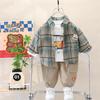Children's Spring and Autumn Set 2025 New Boys' Fashionable Children's Checkered Shirt and Jeans Three Piece Set Kids Outfits