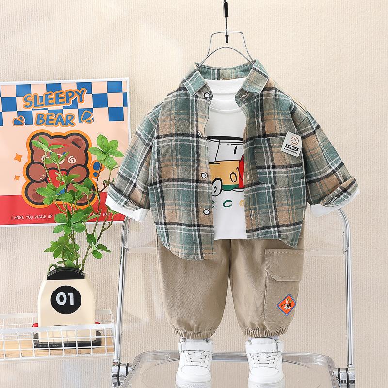 Children's Spring and Autumn Set 2025 New Boys' Fashionable Children's Checkered Shirt and Jeans Three Piece Set Kids Outfits