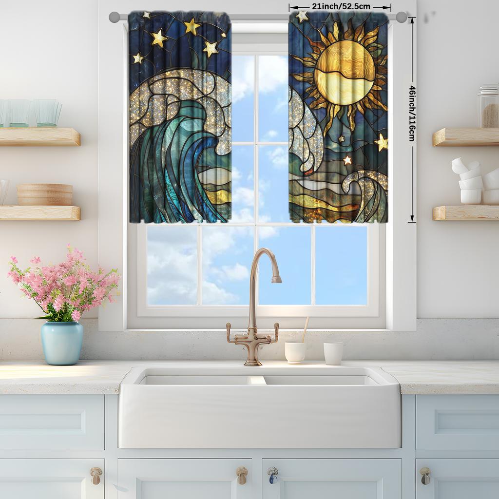 2 Stück Farbige Wellenglas Bedruckter Vorhang für Heimdekoration - Stangentasche Fensterbehandlung für Schlafzimmer, Büro, Küche, Wohnzimmer,