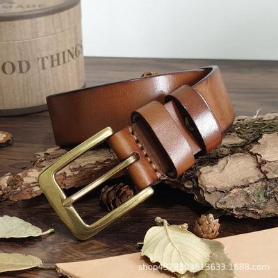 3.3CM Wide High-end Men's Copper Buckle Belt, Men's Genuine Leather Needle Buckle Head Layer, Cowhide Fashionable and Versatile Casual Pants Belt
