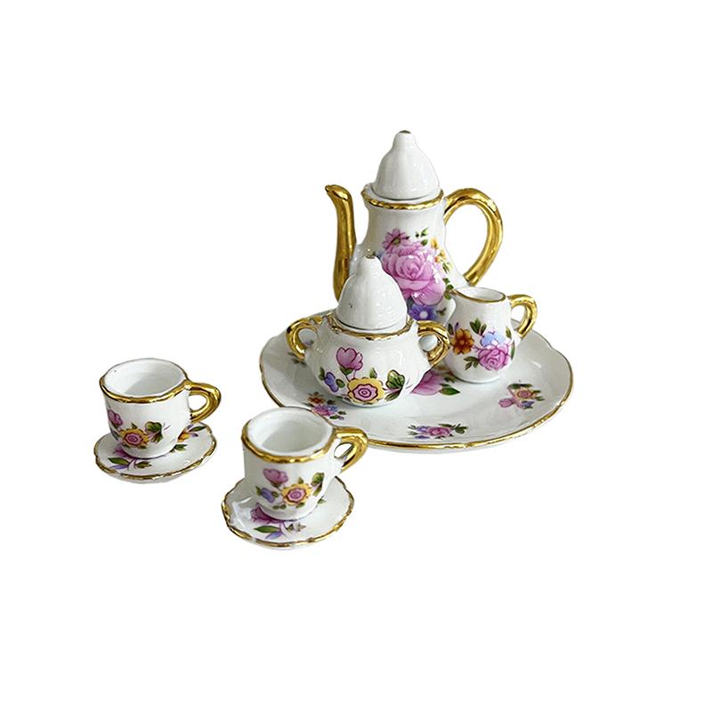 1:12 Dollhouse Miniature Ceramic Tea Pot With Cups And Saucers Set For Living Room Furniture Home Model Decor Accessories