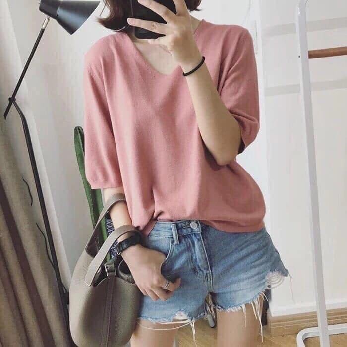 New Spring and Summer Short-sleeved Loose Korean Women's T-shirt Women's V-neck Solid-color Sweater Versatile Women's Top