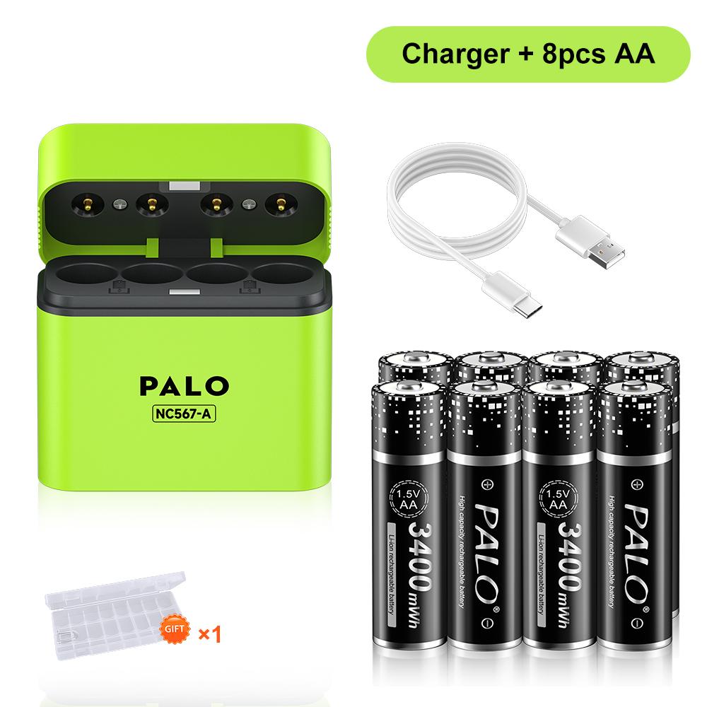 

PALO AA 1.5V Перезаряжаемые литиевые батарейки 3400мВтч 1.5V Li-ion AA Батарейка Интеллектуальный зарядный бокс с дата-кабелем TYPE-C 8AAbattery 1charger