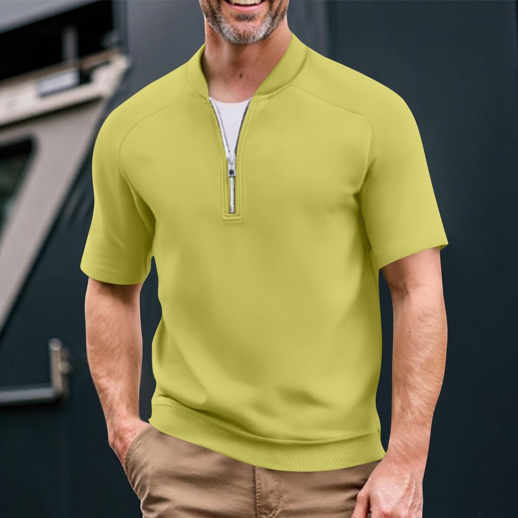 Men's Summer Solid Color Casual T-shirt Sports Breathable Zipper Collar Top
