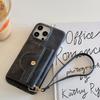 For iPhone 16 Pro Case Card Slots Mirror Design Jeans Cloth Texture PU Leather Back Cover with Strap