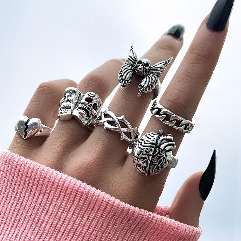 Vintage Punk Metal Multi Element Ring Set For Women Men Antique Silver Color Butterfly Snake Skull Finger Rings Gothic Jewelry