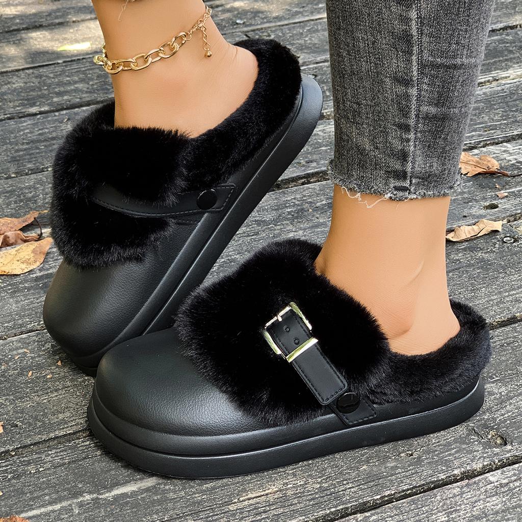 Winter Women Outdoor Platform Warm Slippers Plush Buckle Slippers Flat Fur Comfortable Clogs Soft Design Shoes Slides Women