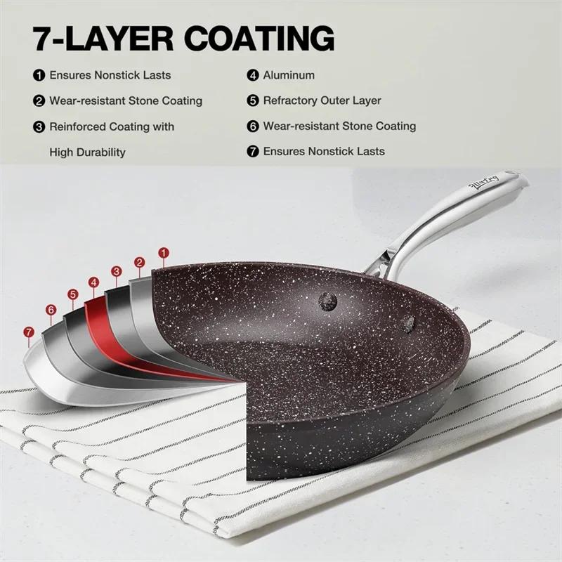 HLAFRG 10/12Inch Frying Pan with Lid Nonstick Pan Marble Skillet with Stone-Derived Coating With Heat-Resistant Handle Oven Safe