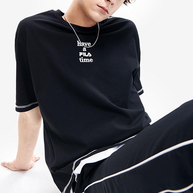 FILA X HAGT Collaboration Loose Casual Sports Printed Embroidered Letter Short Sleeve Drop Shoulder T-Shirt Unisex Tops Black F11U229105F-BK