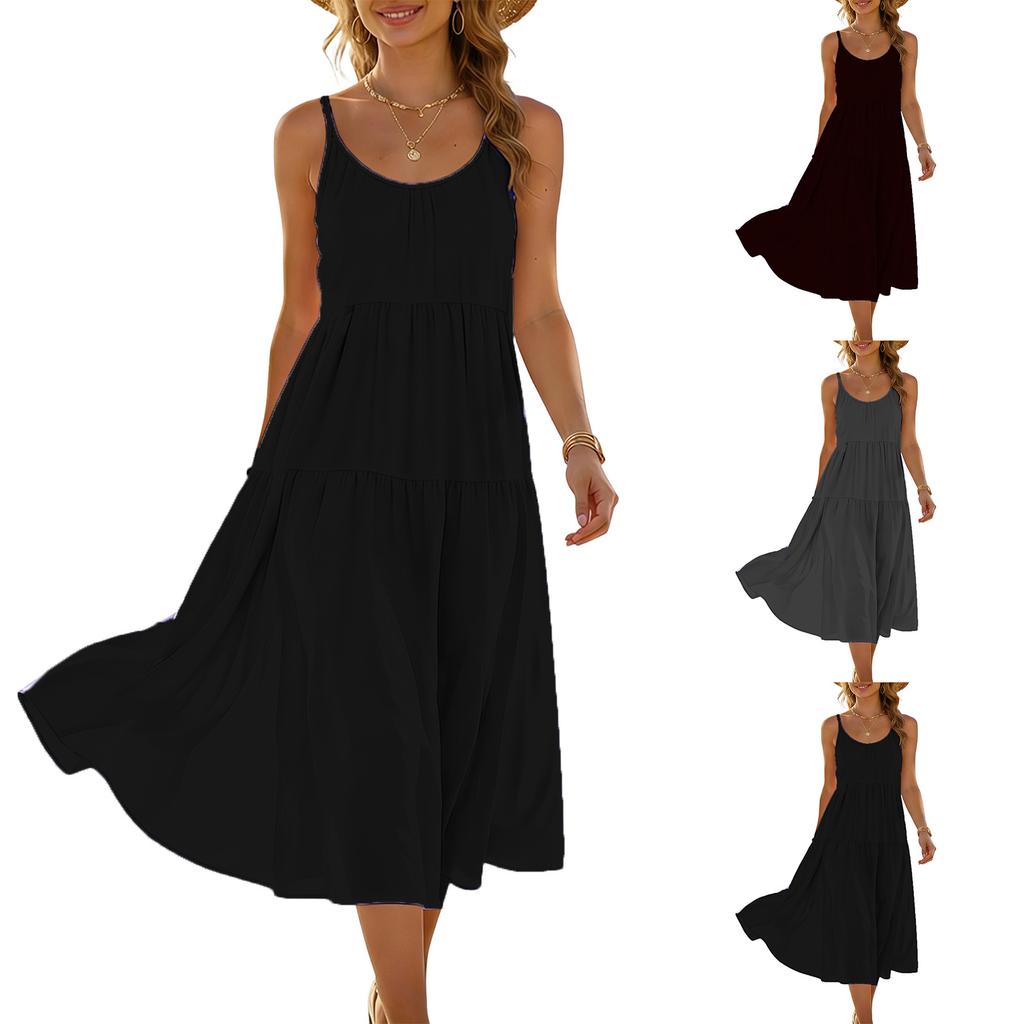 Sleeveless Spaghetti Strap Midi Dress for Women Loose Fit Flowy Sundress Summer Casual Solid A Line Long Dress