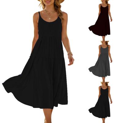 Sleeveless Spaghetti Strap Midi Dress for Women Loose Fit Flowy Sundress Summer Casual Solid A Line Long Dress