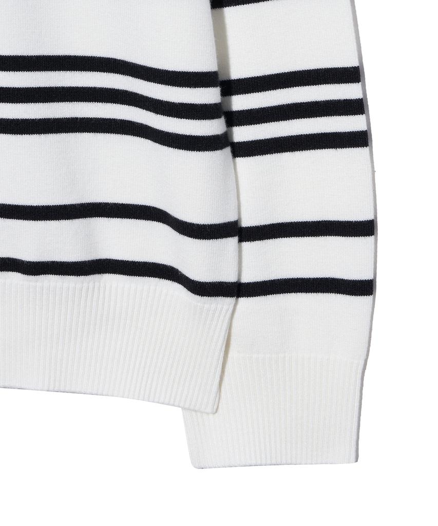 IRONYPORNO WHITELINE 86-Iroj358 Collared Neck Small Striped Long Sleeve Knit White