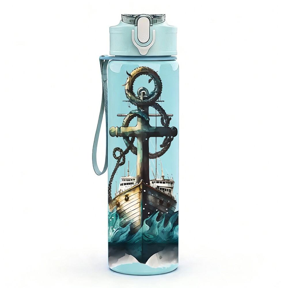 1PC Vintage Anchor Marine Pattern 750ml Color Plastic Sports Water Bottle Leakproof Flip Straw Lid Suitable for Sports Office Home Use