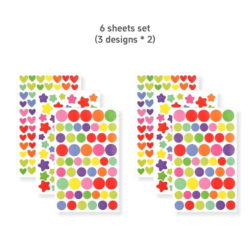 6 Sheets Colorful Stickers Pack Mini Star Heart Dots Self-adhesive Paper Marker Notes Decoration for Diary Album Reward