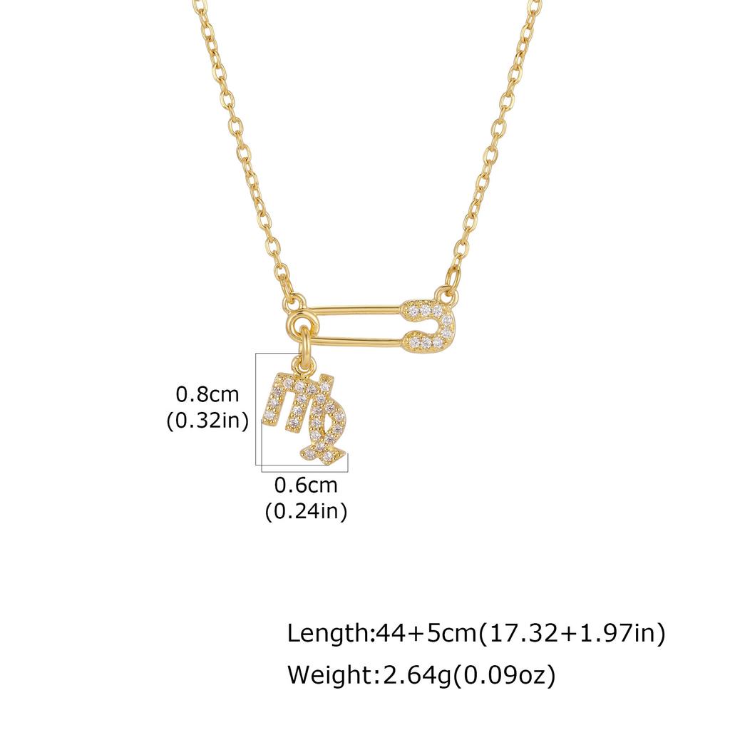 Zodiac Necklace Gold Plated Stainless Steel Chain Safety Pin 12 Constellation Horoscope Pave CZ Pendant Waterproof