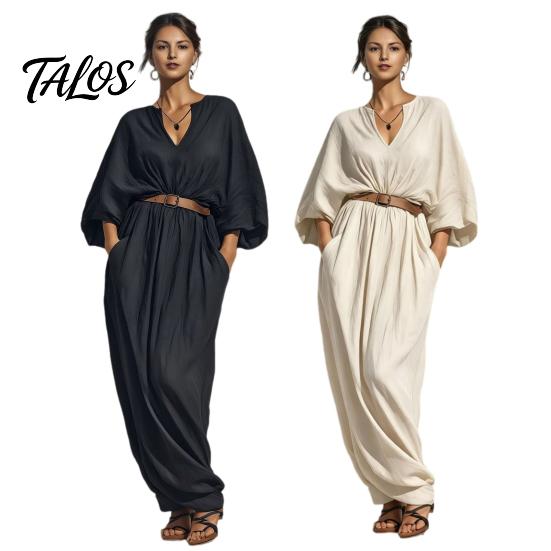 Comfortable Women Dress Women's Batwing Long Sleeve Maxi Dress, Casual V Neck Flowy Simple Style Summer Travel Vacation Loose Outfit with Belt