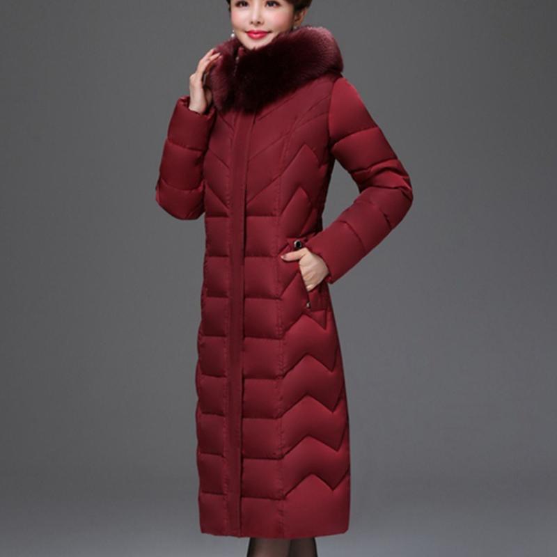 Giacca In Cotone Piumino con Cappuccio e Collo in Pelliccia Abbigliamento Invernale da Donna Mamma di Mezza Età Cappotto Medio-Lungo Imbottito Caldo