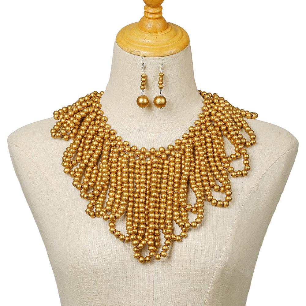 

African Women Multi-Layer Wooden Bead Jewelry Sets Statement Choker Tassel Beaded Earrings Bohemian Collar Party Gifts золотой