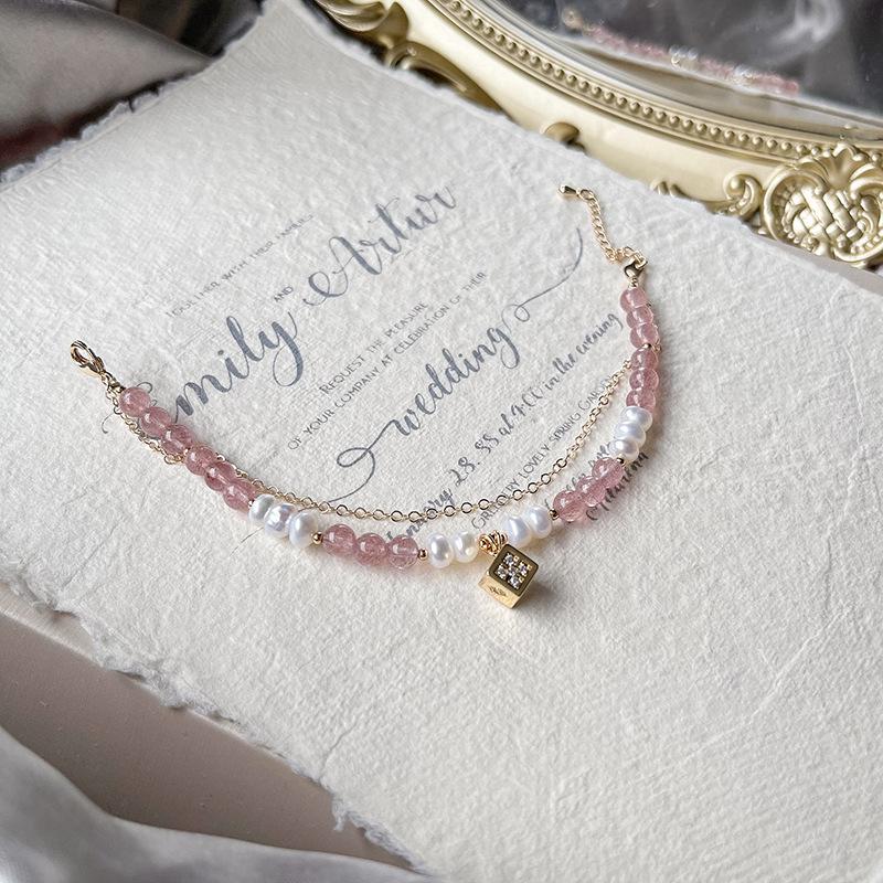 Natural Strawberry Quartz and Freshwater Pearl Beaded Bracelet for Women