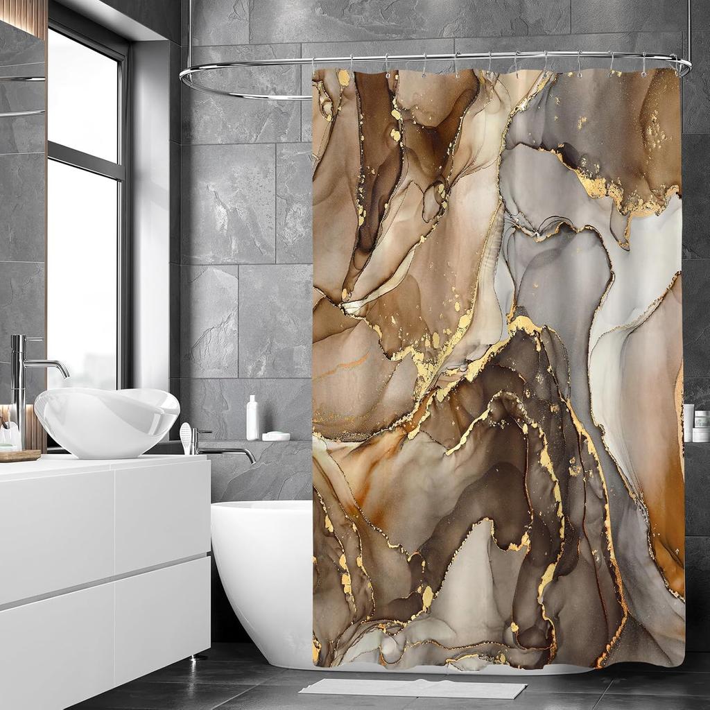 Brown Marble Shower Curtain, Modern Abstract Fabric Shower Curtain for Bathroom, Luxury Art Decor Brown Gold Ink Texture Waterco