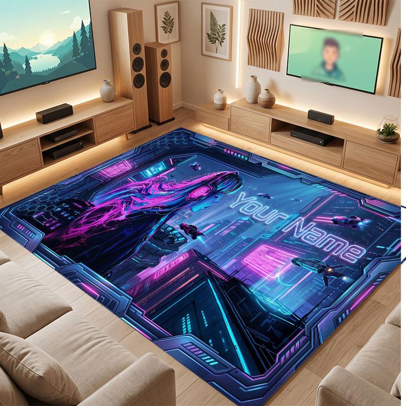 City Cyberpunk Theme Crystal Velvet Floor Rug Personalized Custom Name Text Warm Carpet Home Decoration