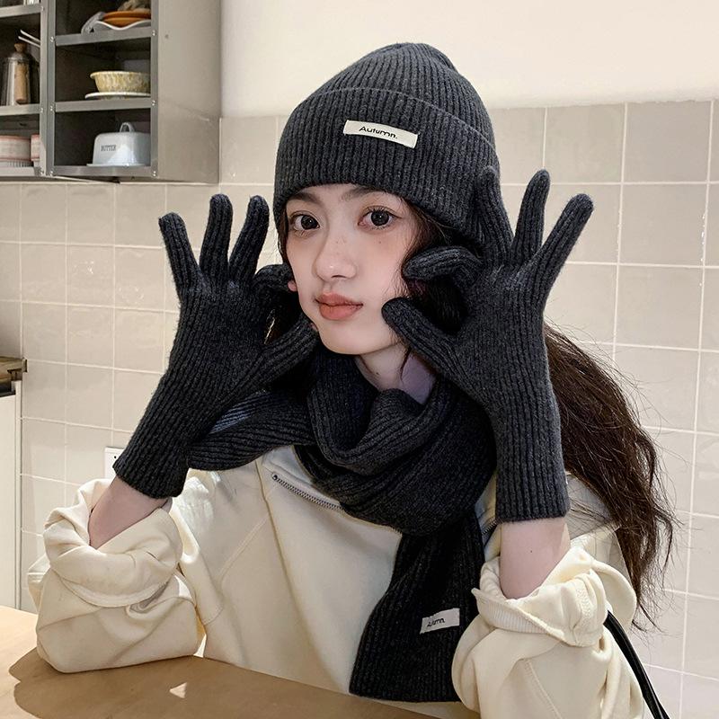 Knitted Winter Scarf Woman Solid Color Hat Scarf Gloves Women S Windproof Adult Three-Piece Set  Women S Scarf Hat Set серый