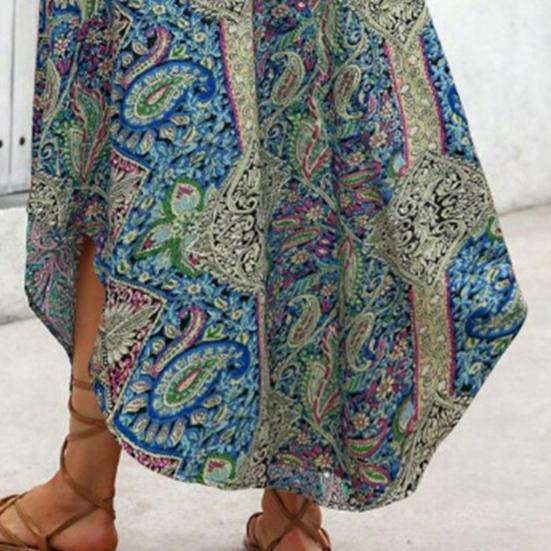 Boho Skirt Elastic High Waist A-Line Skirt Boho Adjustable Lace-up Retro Printed Loose Fit Slimming Skirt