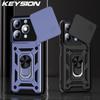 KEYSION Shockproof Armor Case for Itel A90 4G Silicone+PC Slide Camera Lens Protection Ring Stand Phone Back Cover for Itel A90