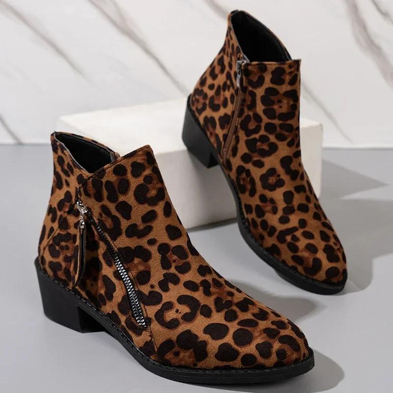 fashion Shoes for Women 2024 Brand Side Zipper Women's Boots Fashion Leopard Print Office and Career High Quality Plus Size Ankle Boots