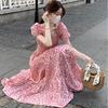 Korean Gentle Style Retro Short-sleeved Floral Skirt Summer New Sweet Temperament Bubble Sleeve Square Collar Waist Large Size Dress