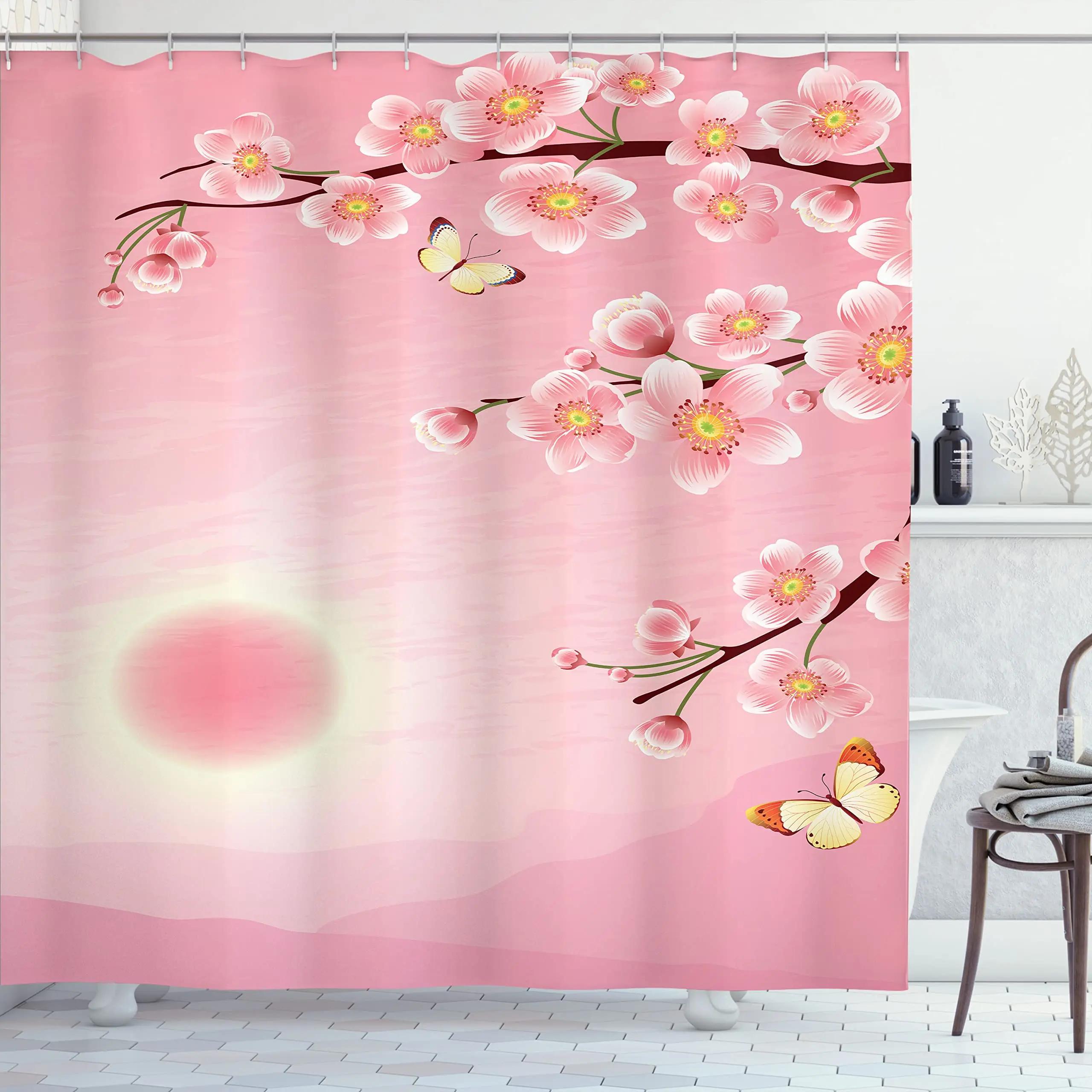 Dunika Chen Pink Cherry Blossoms Print Shower Curtain Japanese Floral Bath Curtain Bathroom Decoration With Hooks Waterproof Bathtub Screen