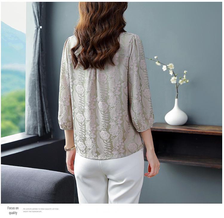 Women's Satin Three-Quarter Sleeve Ruffled V-Neck Top - French Style, Spring Collection, Flattering Fit