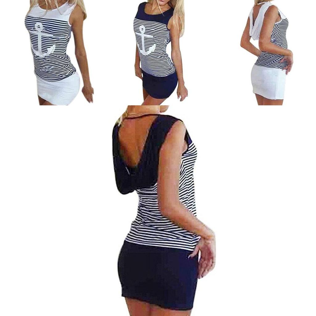 Vest Anchor Stripe Dress Sleeveless Tops Oneck Hooded Sexy Bodycon Mini Dresses