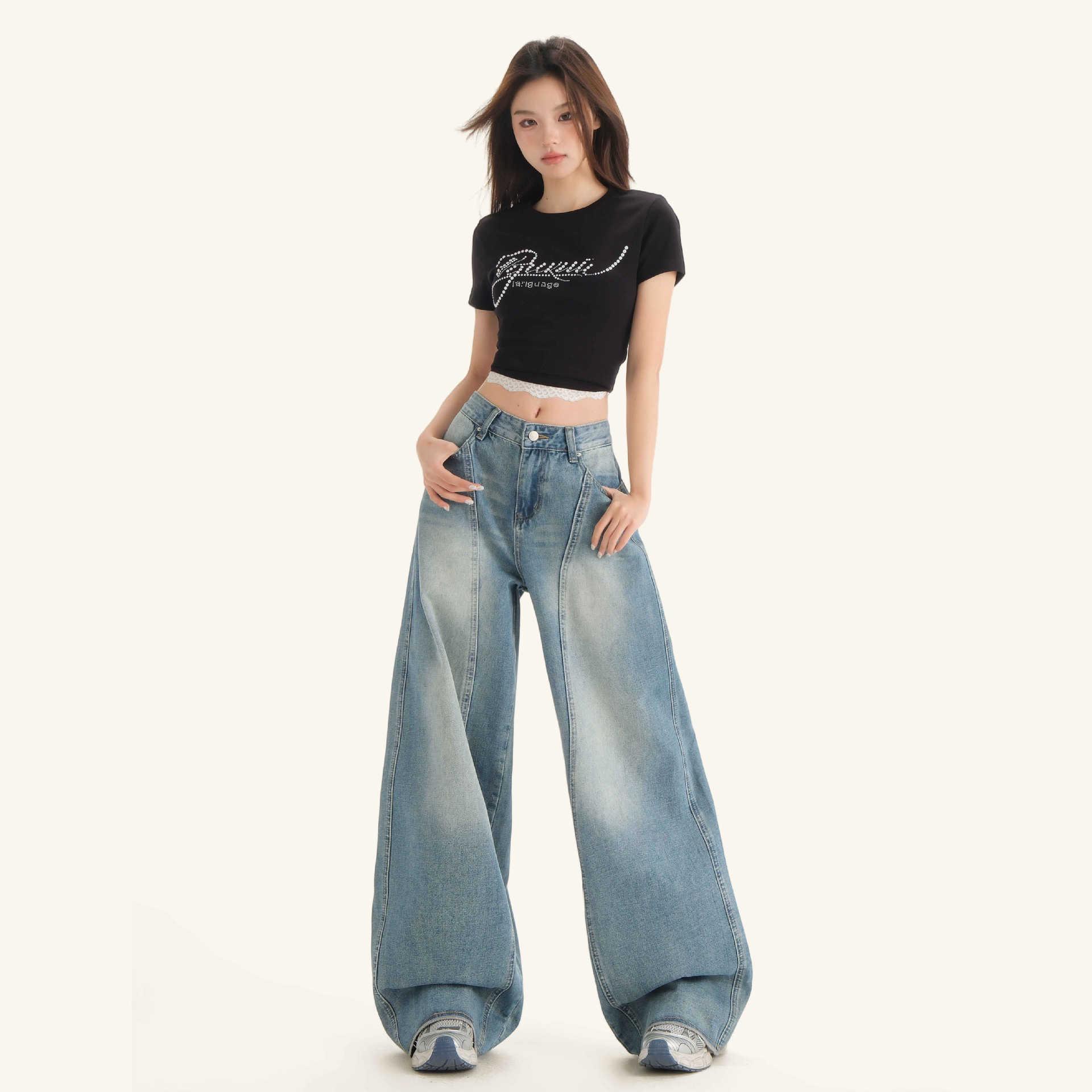 Women s Light Blue Wide-Leg Curved Jeans: Summer Loose, Washed, Straight, Floor-Length Pants Extra Small