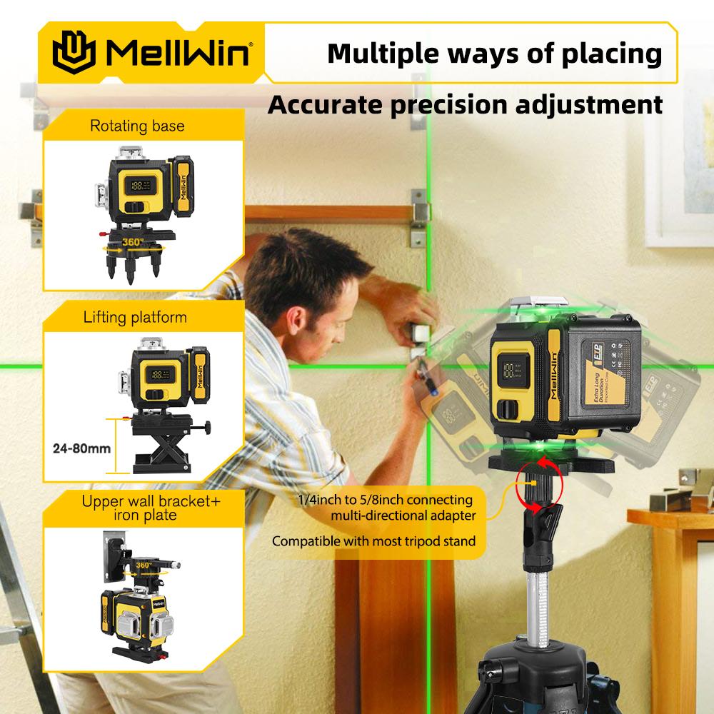 MELLWIN Professional 16 Lines 4D Laser Level with APP Remote Control – 360° Horizontal & Vertical Self-Leveling Green Beam Laser Tool
