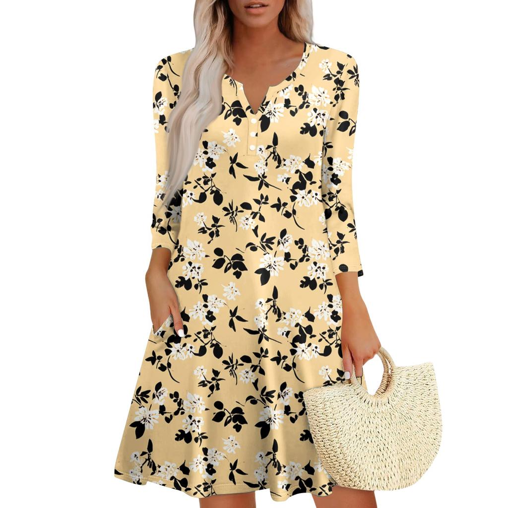 Women's Fashionable V-Neck Button Seven Part Cuff Pocket Floral Dress