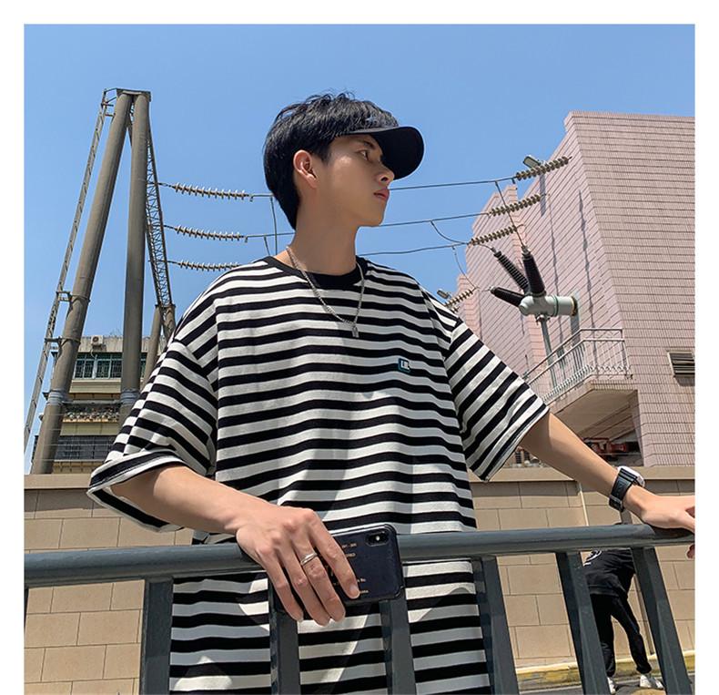 Men's Striped High Street Loose Fit T-Shirt - Trendy Summer Hong Kong Style for Couples and Students