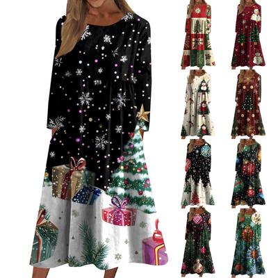 Women's Casual Crew-neck Christmas Print Mid-length Dress Long-sleeved Dress With Pocket