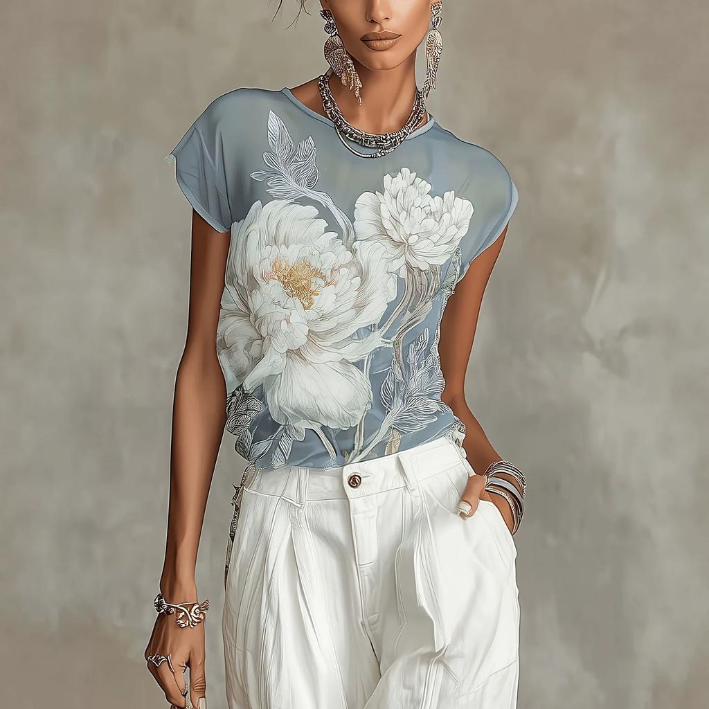 New European and American summer flower print short-sleeved t-shirt top