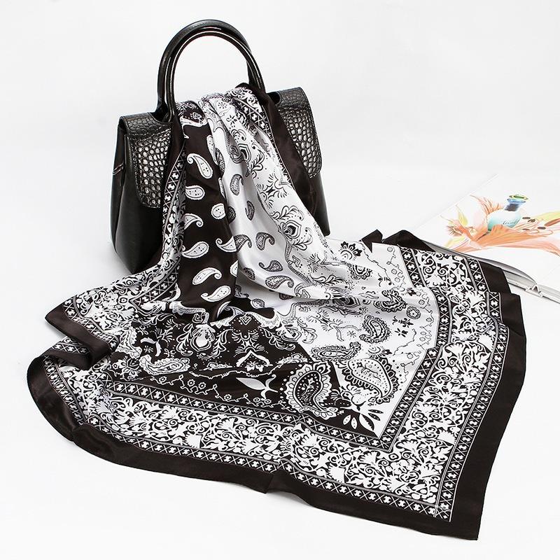 

Шарф 90 см черно-белой расцветки с принтом «кешью» для женщин, модный шелковый шарф для темперамента, универсальная шаль, головной платок чёрный