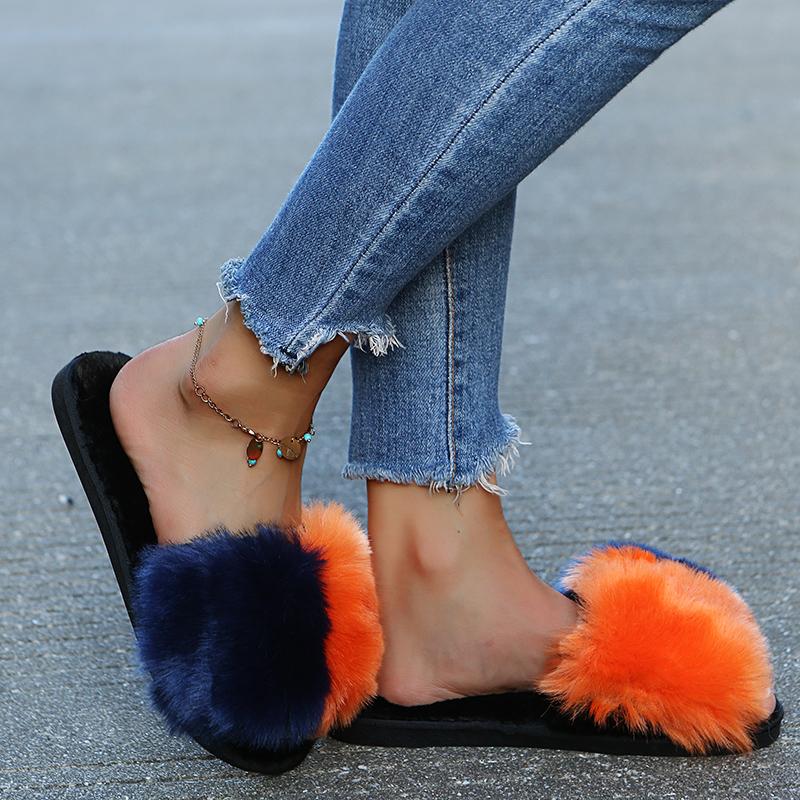 Plush Mix Color Straps Slides Women 2025 Black Flat Heels Slippers Women Leisure Light Weight Daily Shoes Plus Size 43