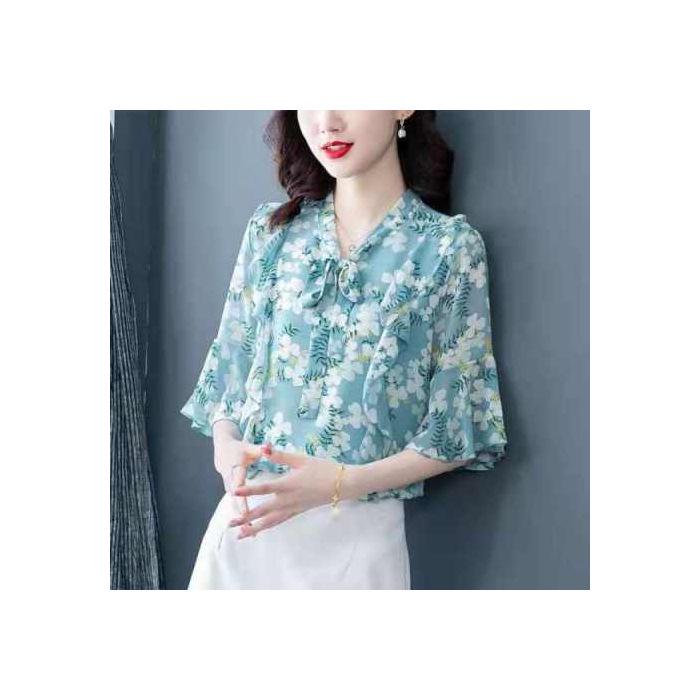 

Женская шифоновая блузка с цветочным принтом и бантом - Летняя мода 2025, рукава-фонарики, элегантный сказочный стиль. 4XL озеро синий