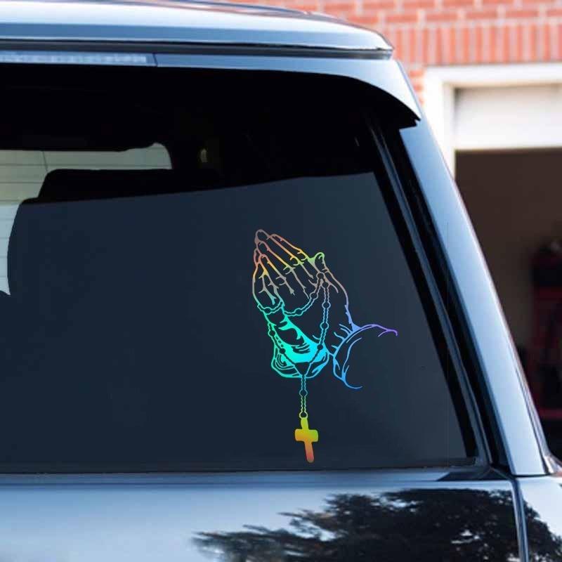 Adesivo Laser Colorato Gesto di Preghiera dell'Auto Dio Gesù Cristo Decorazioni alla Moda per Carrozzeria Auto Adesivi Decalcomania per Lunotto Posteriore