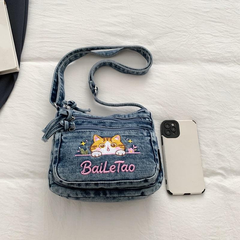 Koreanische Version Denim Crossbody-Tasche mit süßer Katzenstickerei – Verstellbarer Riemen, Kleine Sling-Tasche mit mehreren Taschen für Damen
