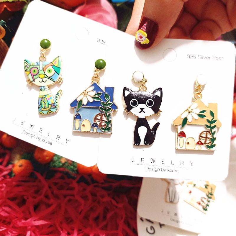 

Cat Slave Series: Happy Life Asymmetrical 925 Silver Cat Earrings for Women
