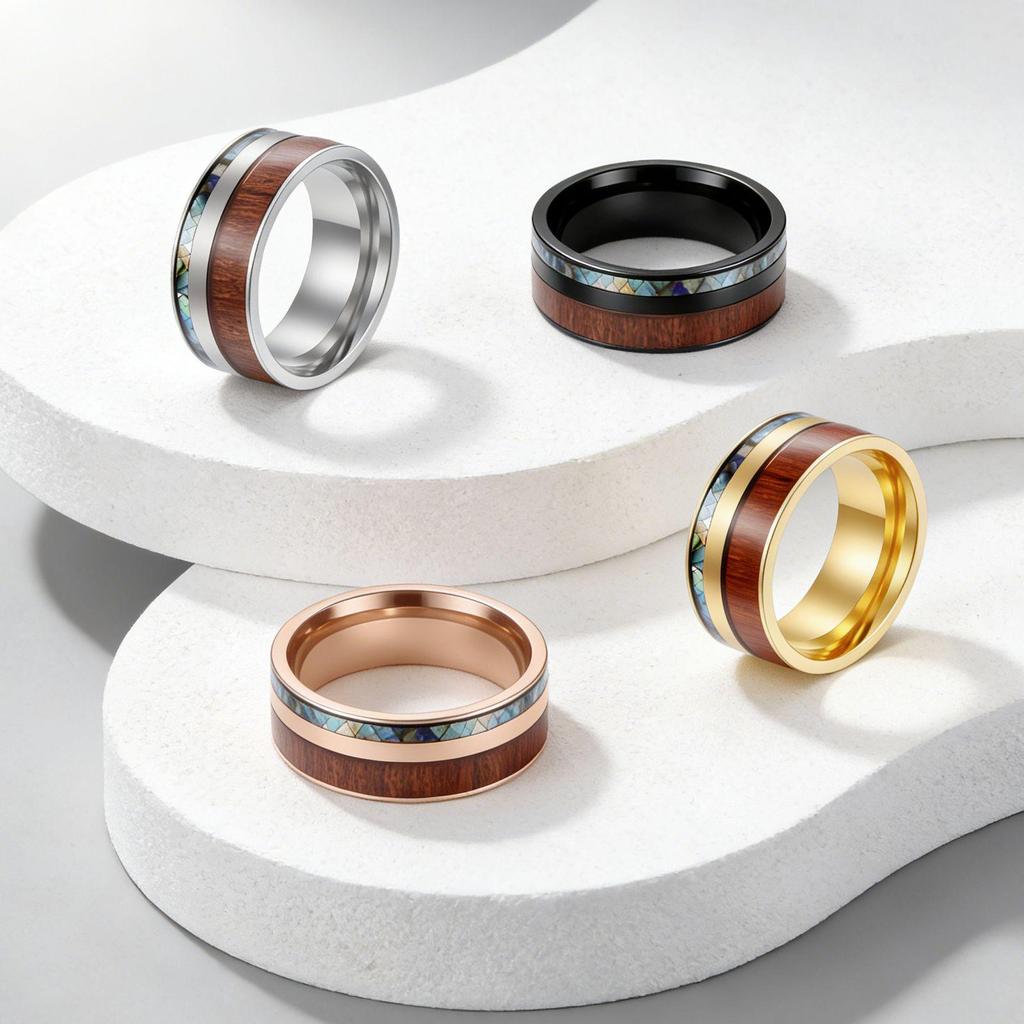 European-American Wood Grain Abalone Shell Titanium Steel Ring - Luxury Men's Tungsten Carbide Jewelry.